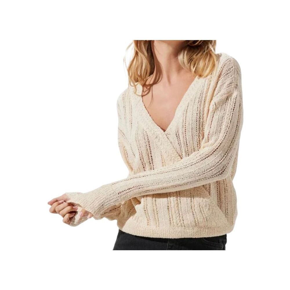 ASTR The Label Pointelle Faux Wrap Sweater – Cream, Size Large, NWT